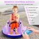 Close-up of the purple 12V electric ride-on car's remote control, featuring joystick functions and emergency brake for.